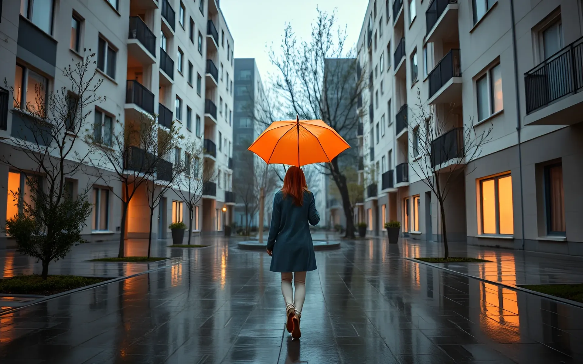 A woman with an orange umbrella crossing a rainy courtyard between apartment buildings