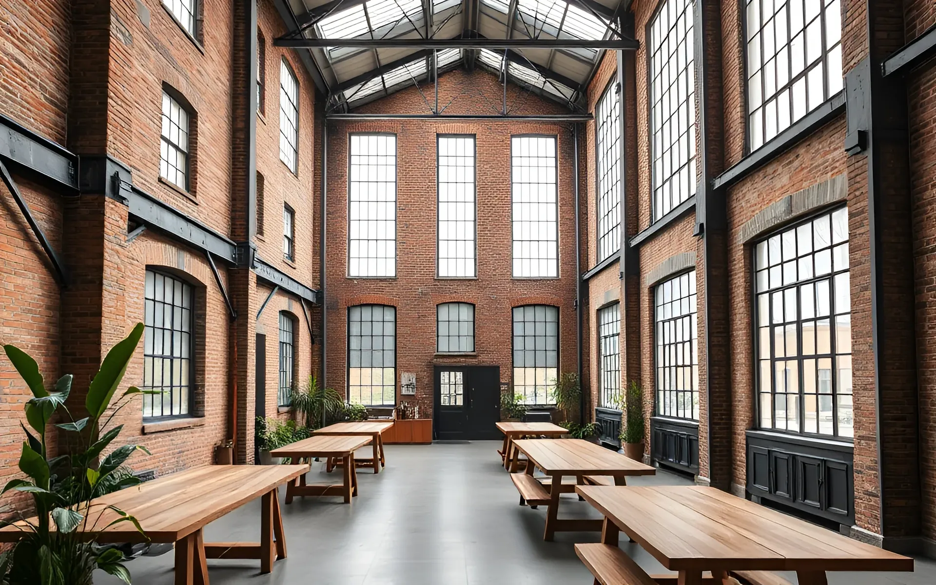 A brick textile mill converted into a bright design studio with long timber tables