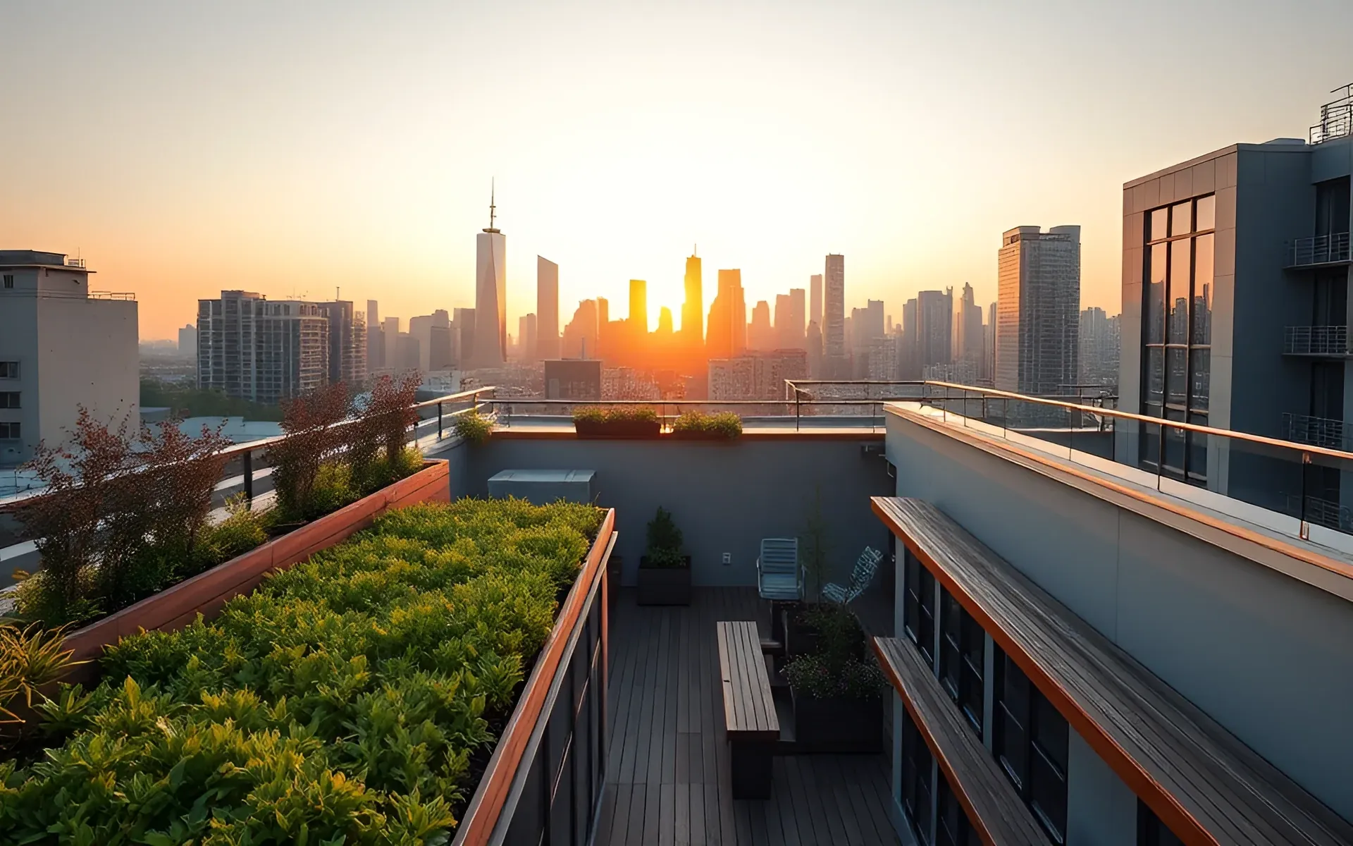 A planted rooftop garden with timber decks above the city at golden hour